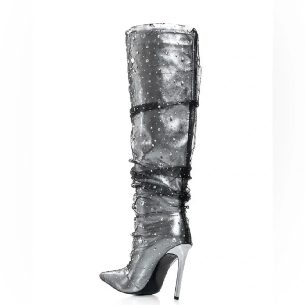 AZALEA WANG Silver Metallic Gemstone Embellished Stiletto High Heel Boots